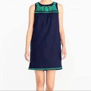 ⭐ J. Crew Navy & Green embroidered Linen-blend tank shift dress XXS